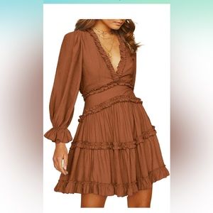 Happy Sailed deep v neck ruffle layer mini swing dress copper brown medium